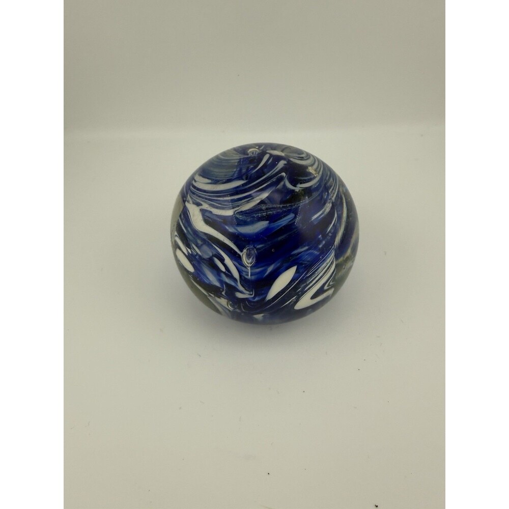 Vintage Guaranteed Irish Glass Paperweight Blue White Swirl Bubbles 3”